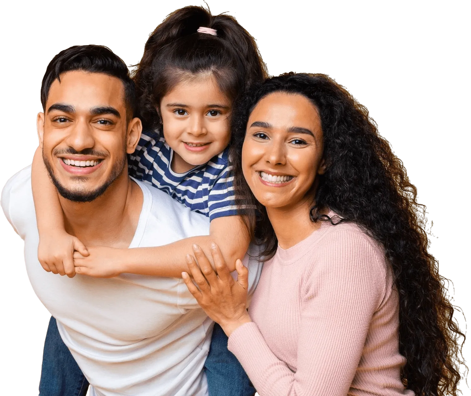 A mother, father, and daughter smiling together