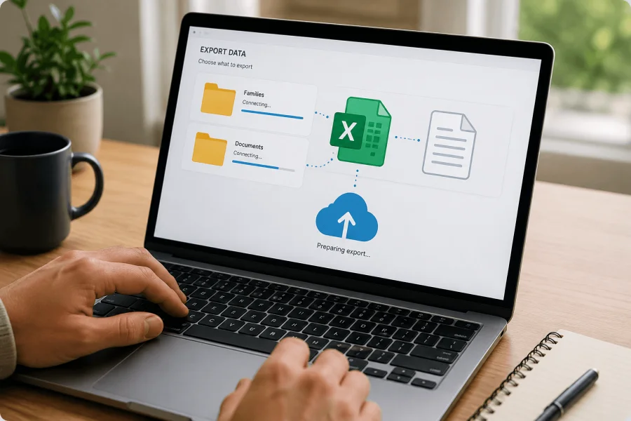Choosing families and documents to export on a laptop
