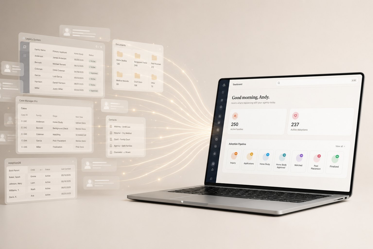 Records from older systems streaming into the Atlas dashboard on a laptop
