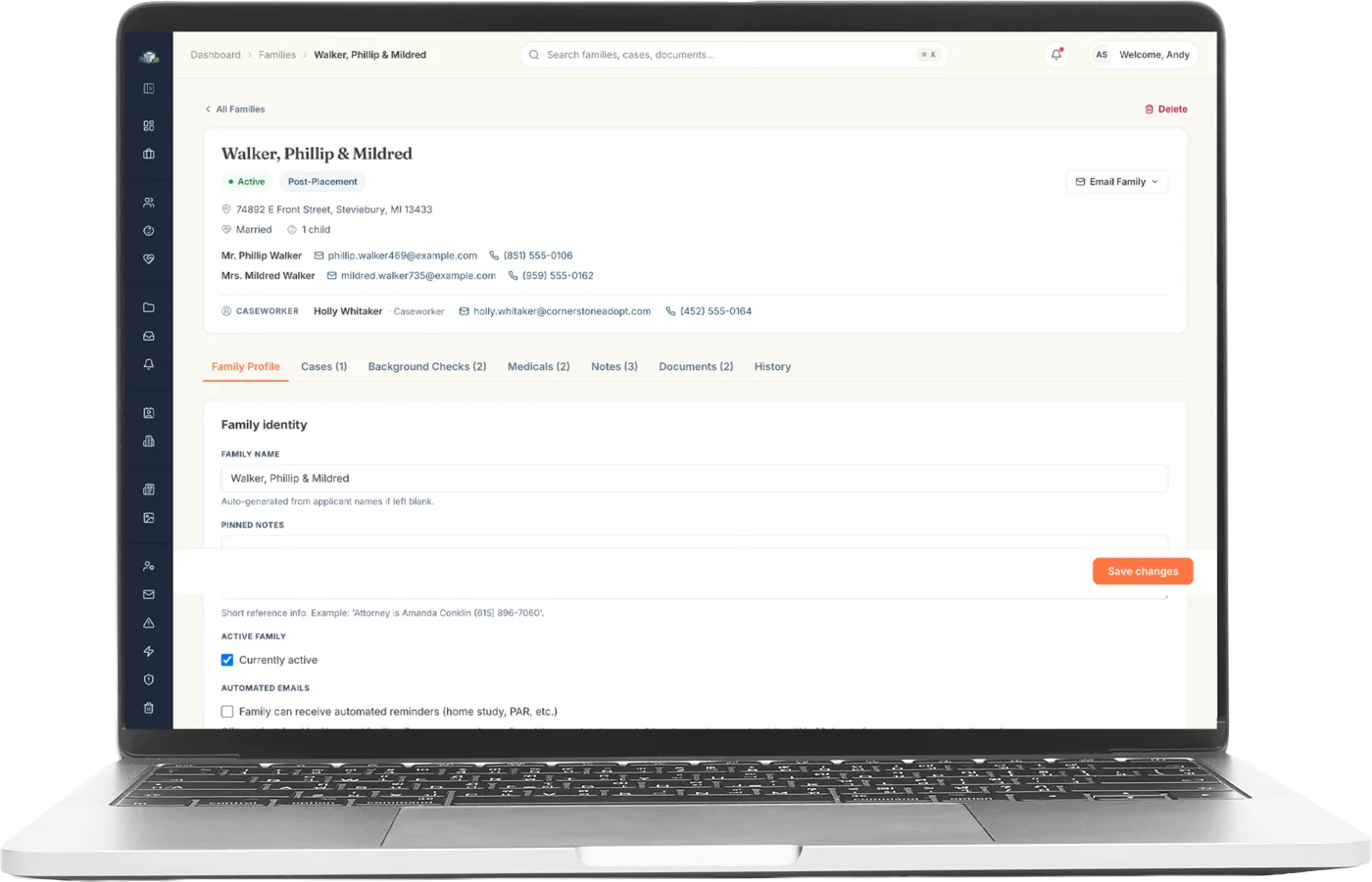 A migrated family record open in Atlas on a laptop: profile, cases, background checks, medicals, notes, documents, and history