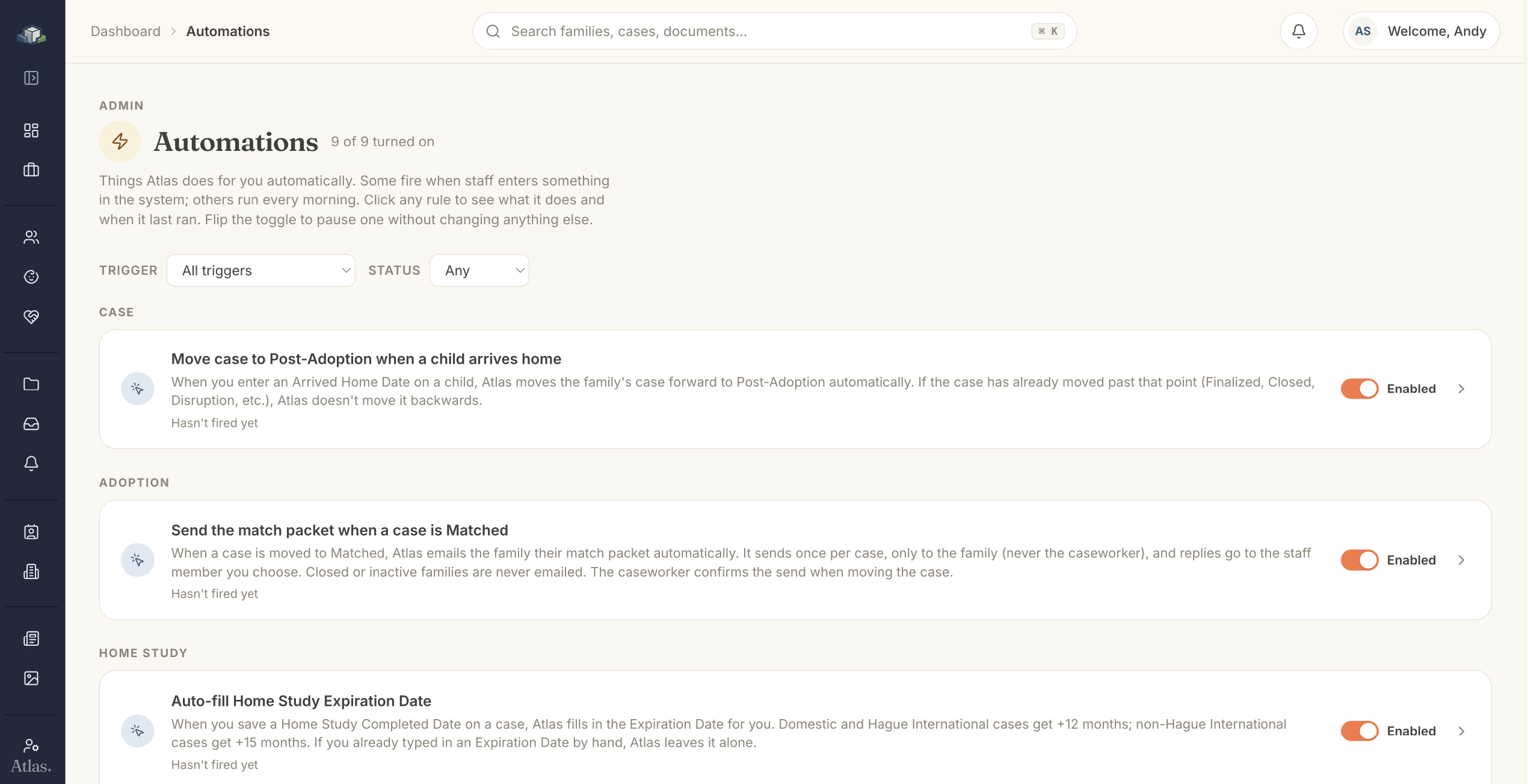 The Atlas automations page, each rule described in plain words with an on/off toggle