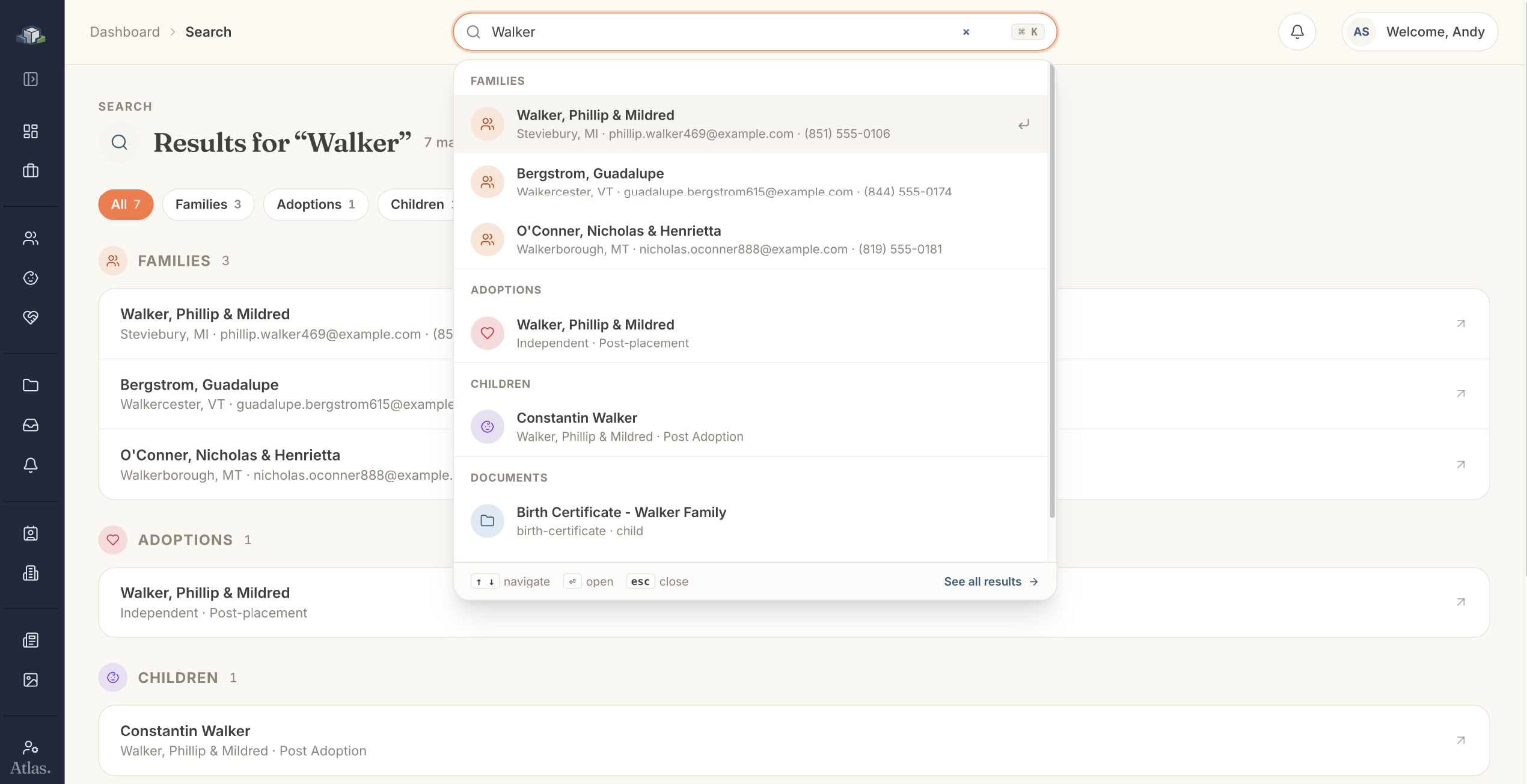 Atlas universal search finding a family, case, child, and documents as the user types