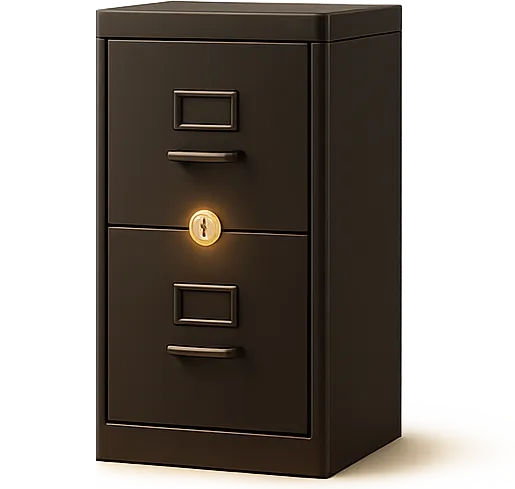 A locked filing cabinet standing alone, with a glowing gold lock