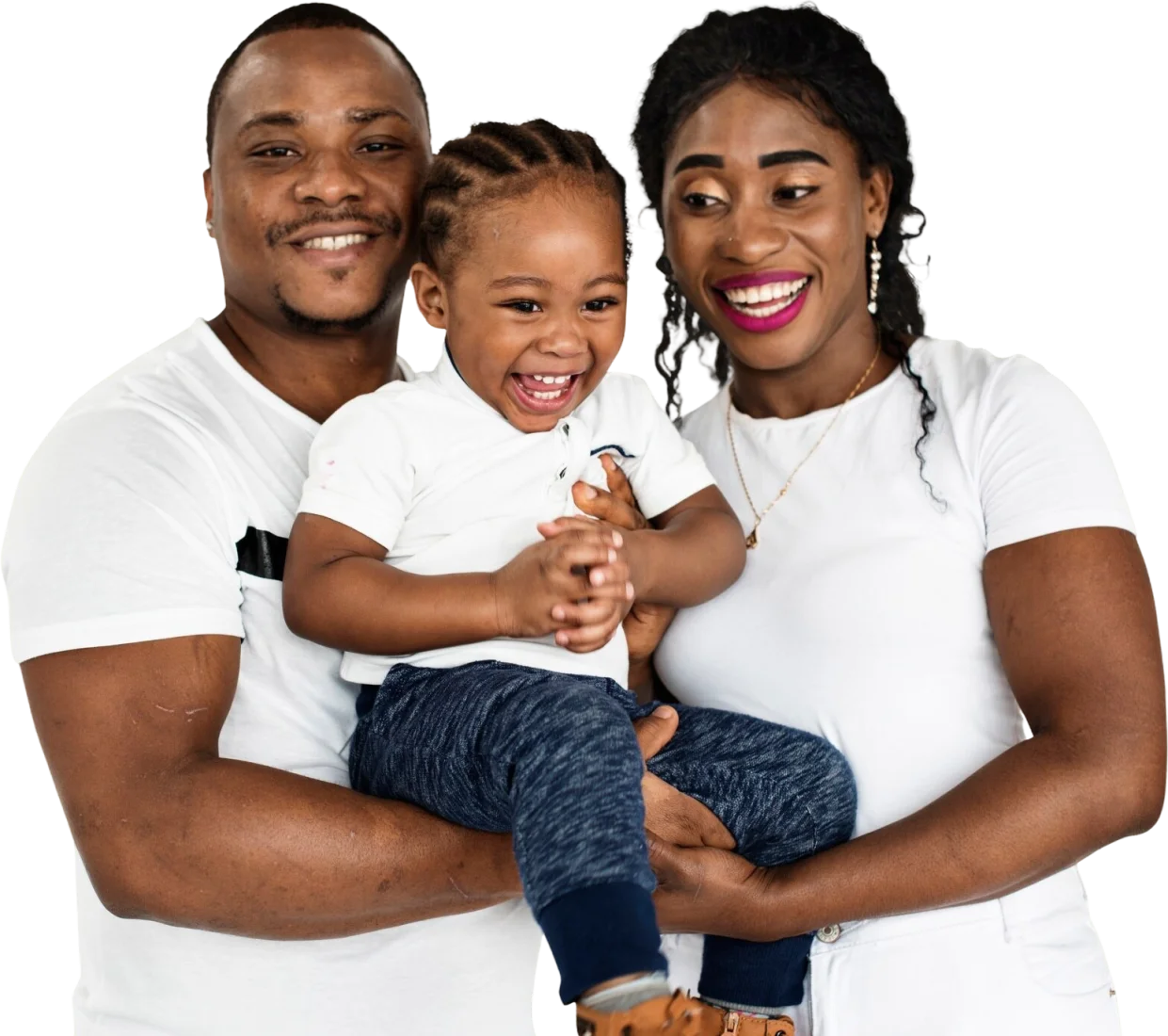 A mother and father holding their laughing young son